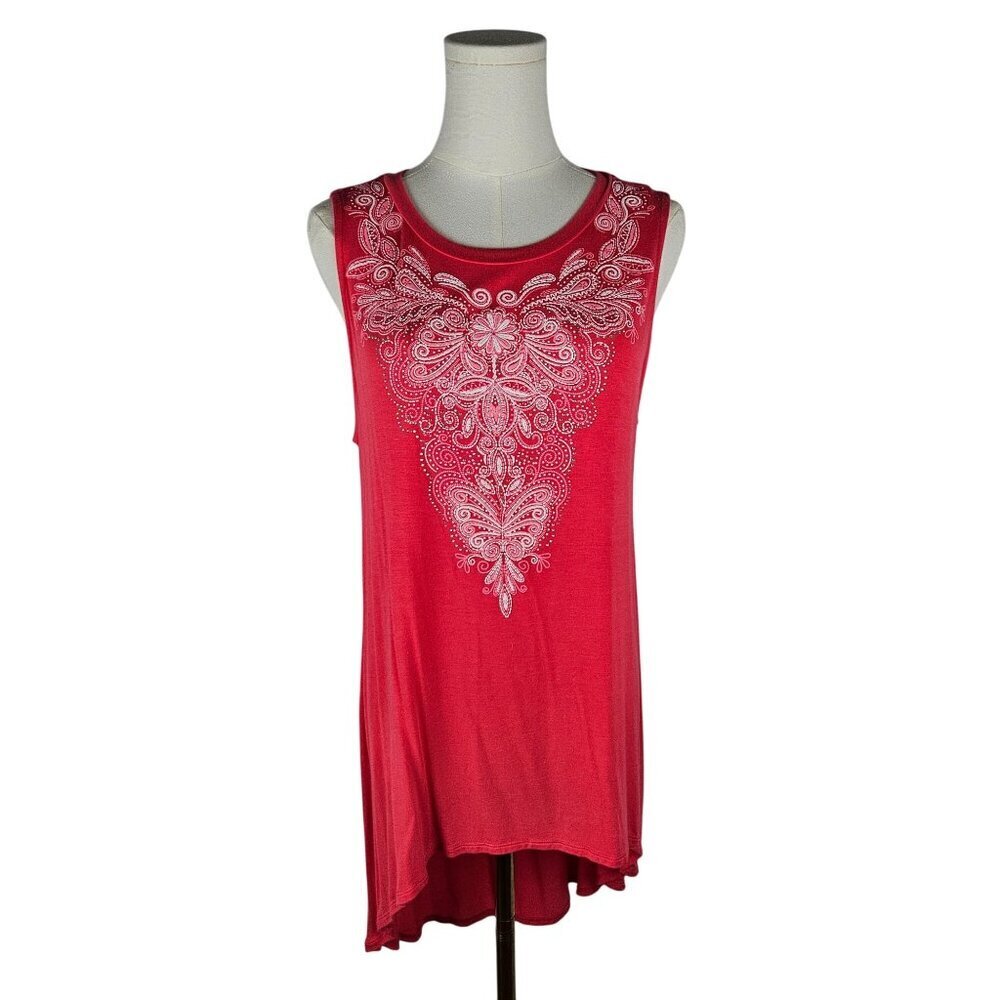 Sleeveless B.L.E.U. Red Tunic Top Medium Rhinestone Accents
